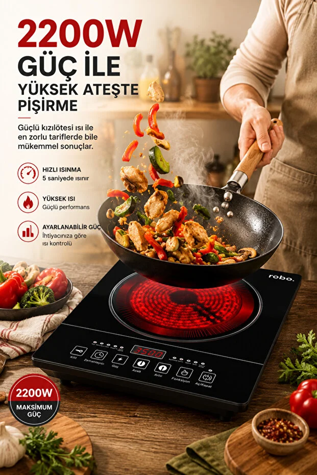 2200W Dijital Dokunmatik Tekli Elektrikli Ocak - Tüm Tencere Tiplerine Uyumlu Siyah Kristal